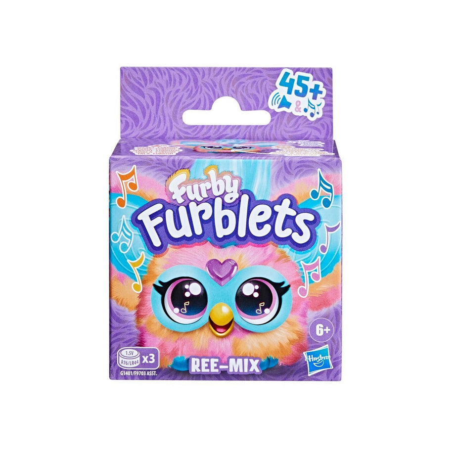 Packaging of Furbly Furblets toy with colorful design and purple background