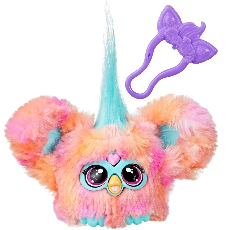 Colorful fluffy toy with a purple hair clip on a white background