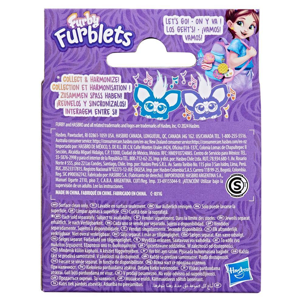 Purple packaging of Furbly Furblets with character illustration and text.