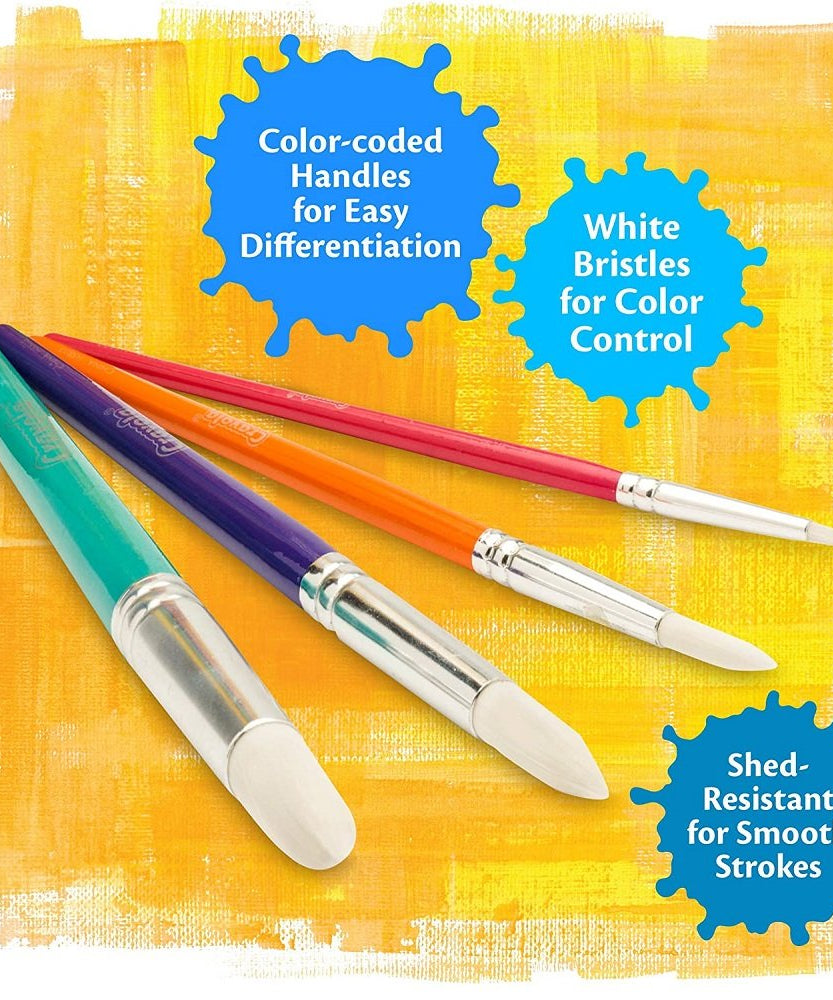 Crayola 4 Count Round Paint Brushes Set – Soft White Taklon Bristles with Vibrant Metallic Handles | For Washable, Tempera & Acrylic Paint | Ideal for Kids' Art & Craft Projects, Posters, and School Use