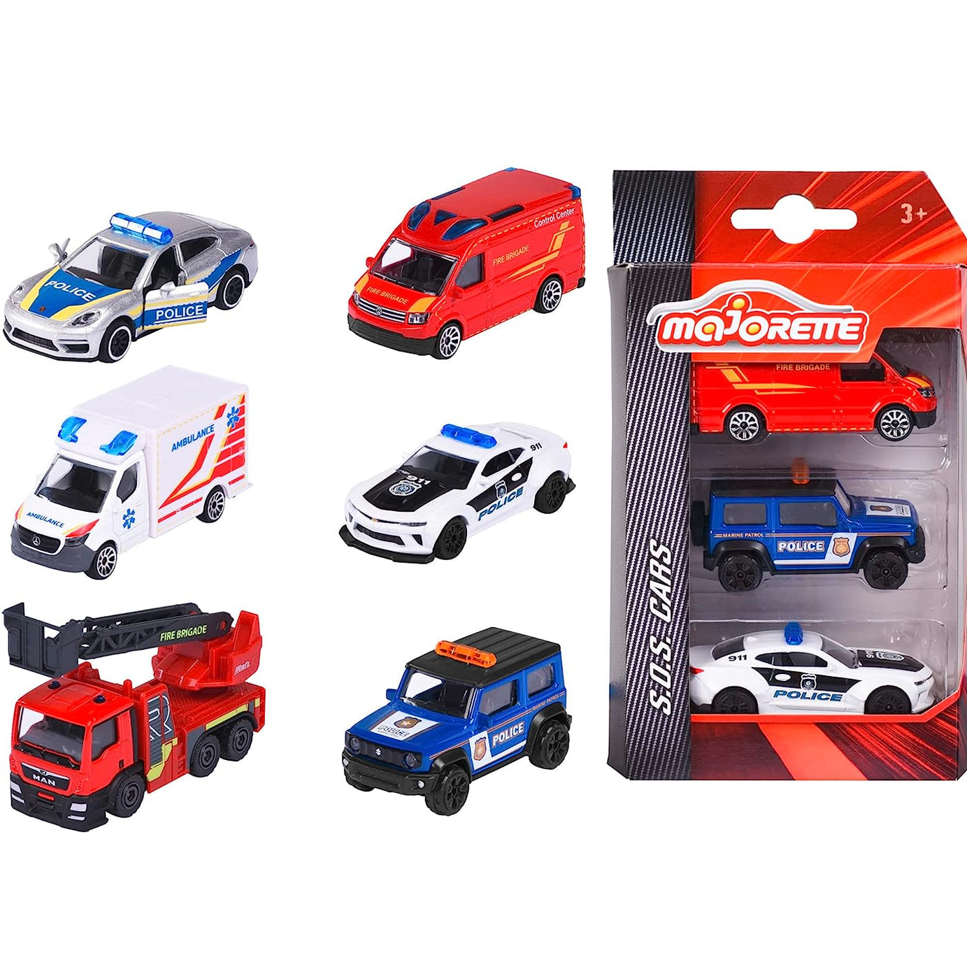 Majorette SOS Toy Vehicle Set – 3 Emergency Vehicles from the S.O.S. Cars Edition (Shipped at Random) | 1:64 Scale Die-Cast Model Cars with Rubber Tires, Suspension & Opening Parts | Licensed Vehicles