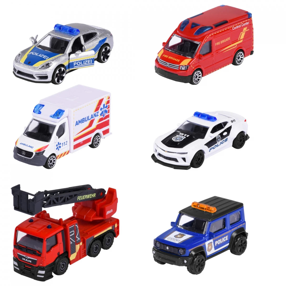 Majorette SOS Cars - Set of 6 | Official Licensed Die-Cast Emergency Vehicles (Porsche, Camaro, Ambulance, Fire Truck, Police, SUV)