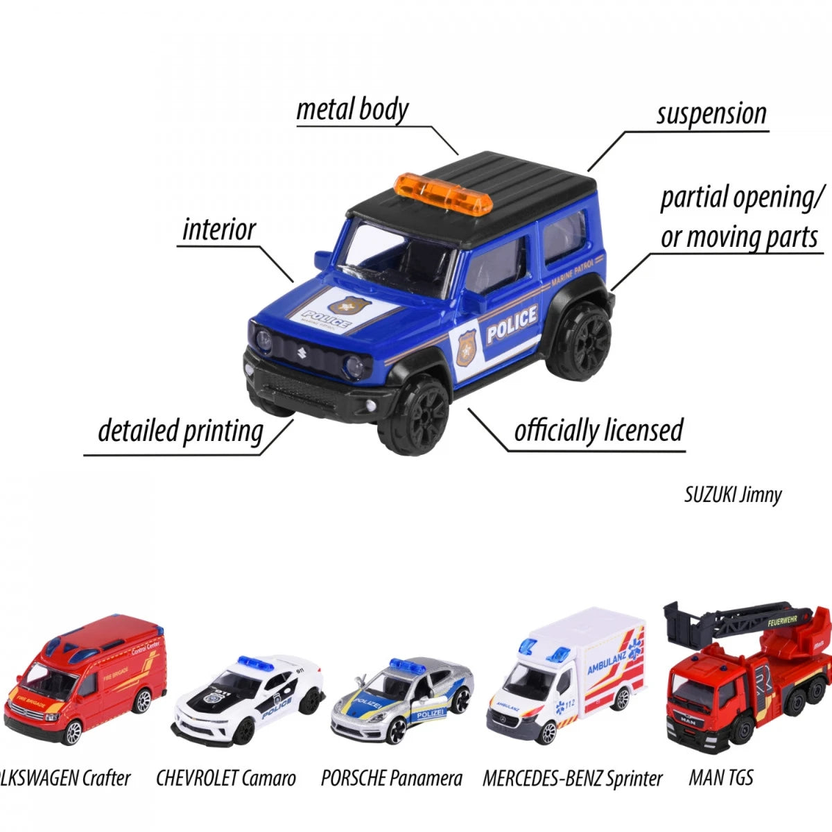 Majorette SOS Cars - Set of 6 | Official Licensed Die-Cast Emergency Vehicles (Porsche, Camaro, Ambulance, Fire Truck, Police, SUV)