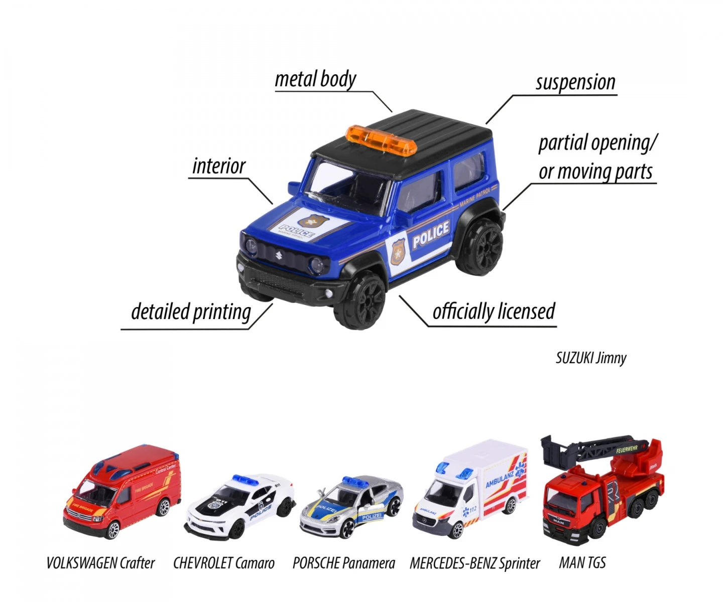 Majorette SOS Cars - Set of 6 | Official Licensed Die-Cast Emergency Vehicles (Porsche, Camaro, Ambulance, Fire Truck, Police, SUV)