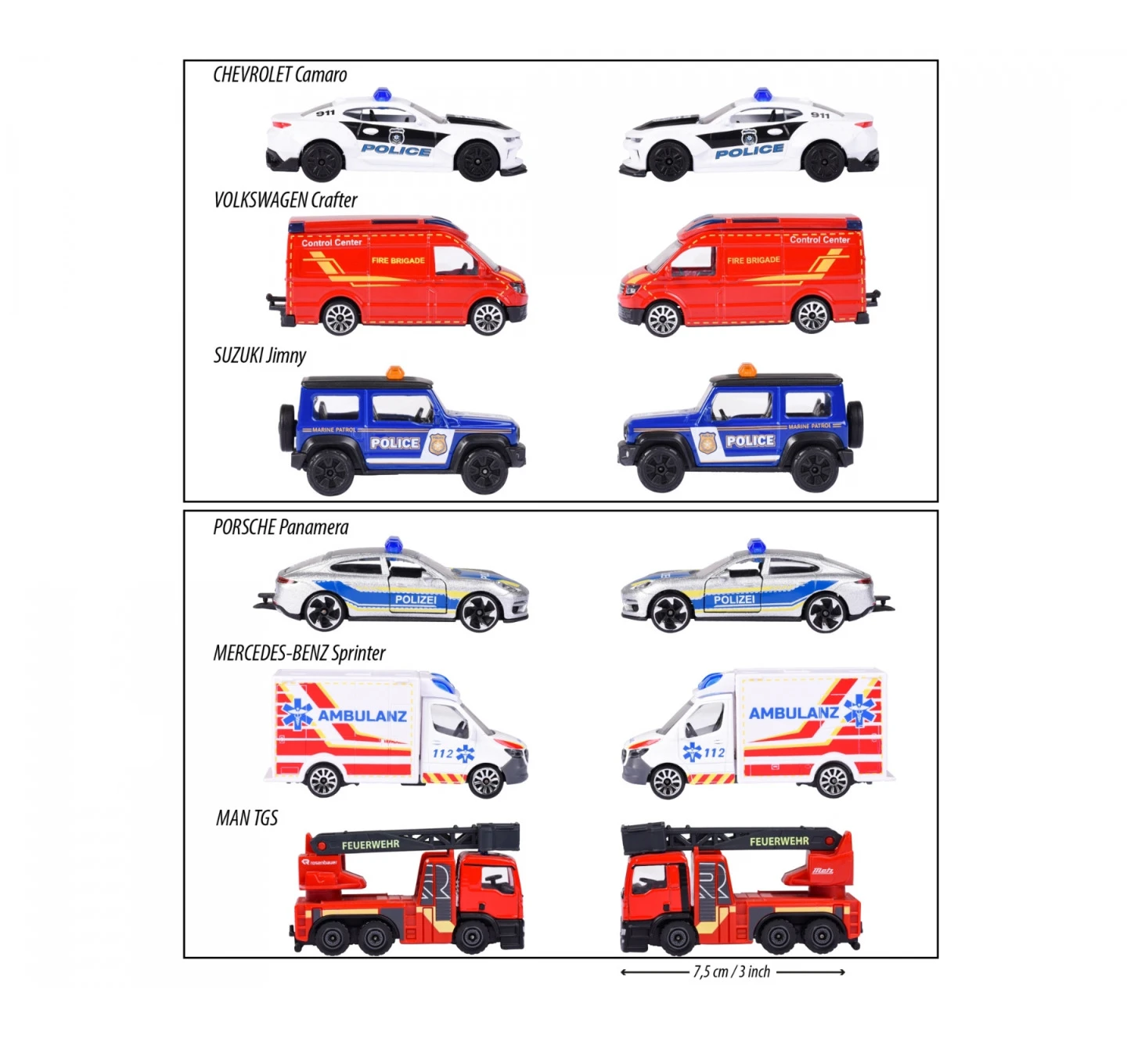 Majorette SOS Cars - Set of 6 | Official Licensed Die-Cast Emergency Vehicles (Porsche, Camaro, Ambulance, Fire Truck, Police, SUV)