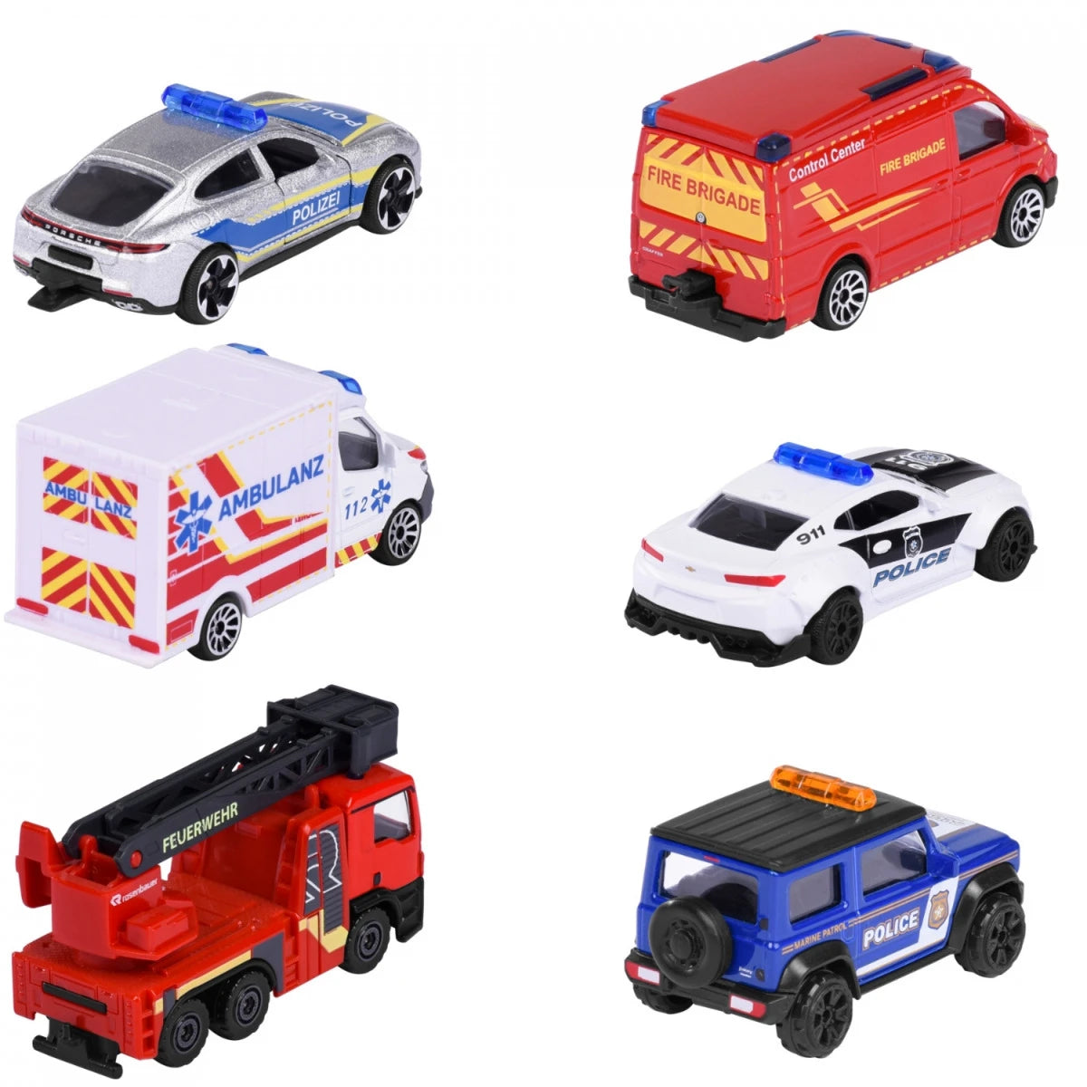Majorette SOS Cars - Set of 6 | Official Licensed Die-Cast Emergency Vehicles (Porsche, Camaro, Ambulance, Fire Truck, Police, SUV)