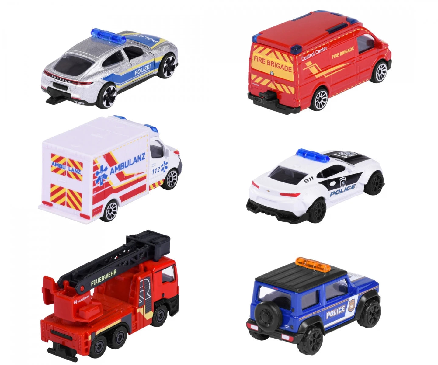 Majorette SOS Cars - Set of 6 | Official Licensed Die-Cast Emergency Vehicles (Porsche, Camaro, Ambulance, Fire Truck, Police, SUV)
