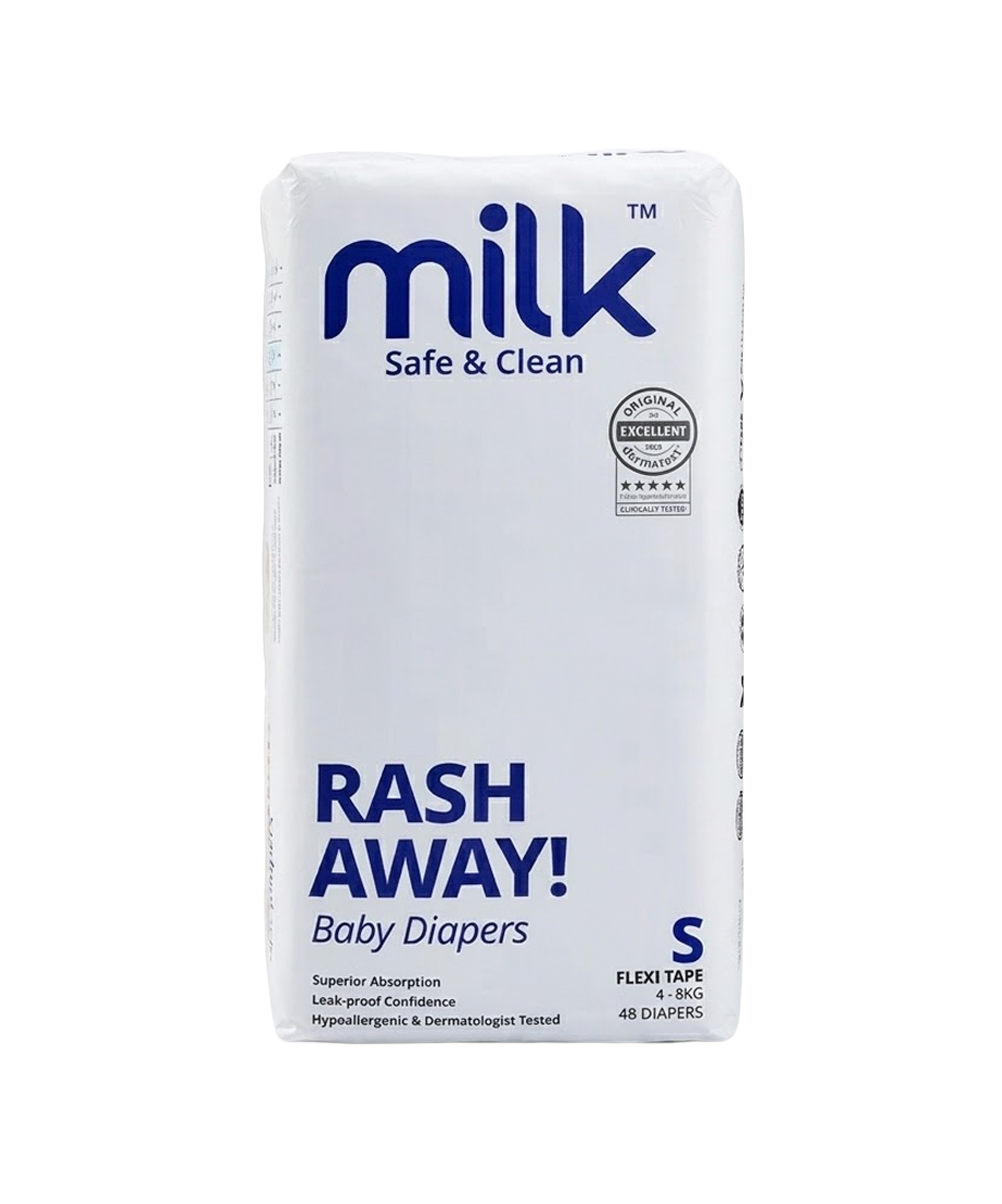 Milk Safe & Clean Baby Diapers Small (S) Size 48pcs | RashDefense™ Leak-Proof, Dermatologist Tested, 12-Hour Dryness