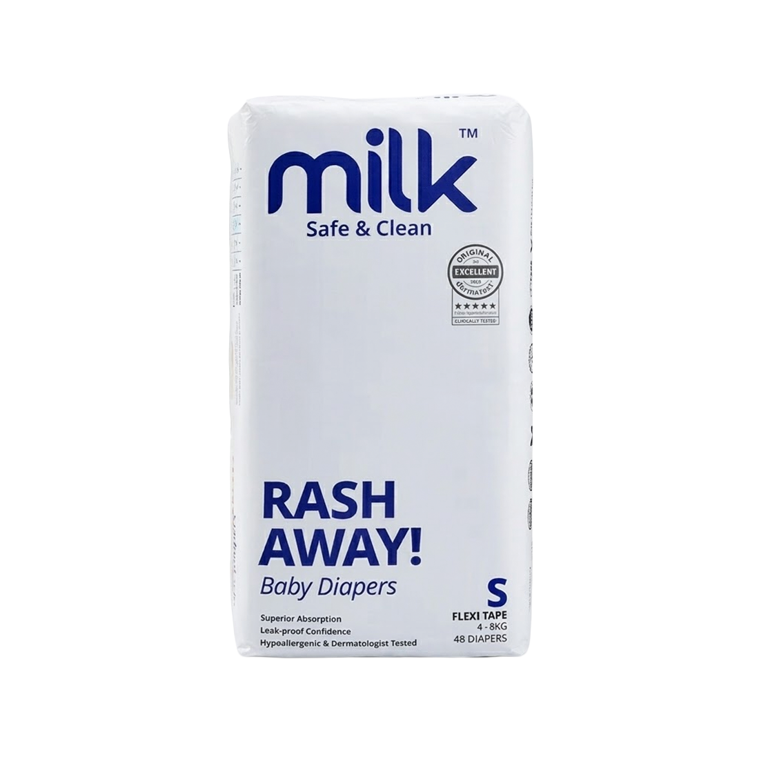 Milk Safe & Clean Baby Diapers Small (S) Size 48pcs | RashDefense™ Leak-Proof, Dermatologist Tested, 12-Hour Dryness