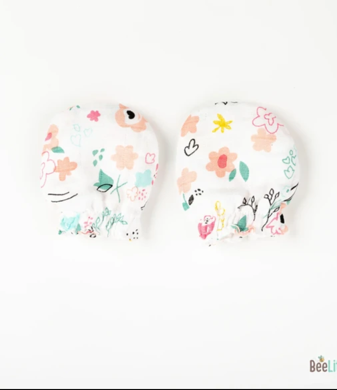 Cherry Blossom - 0-6m Organic Muslin Mittens