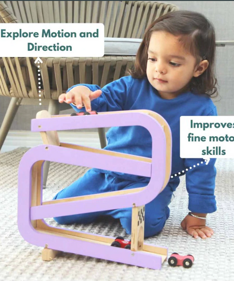Curious Cub Wooden Car Tracker Ramp Racer Toy | 4-stage Rolling Car Slide Track with 4 Mini Cars | Montessori-Inspired Early Learning Toy for Toddlers 16 Months+ - MINIMEE KIDS