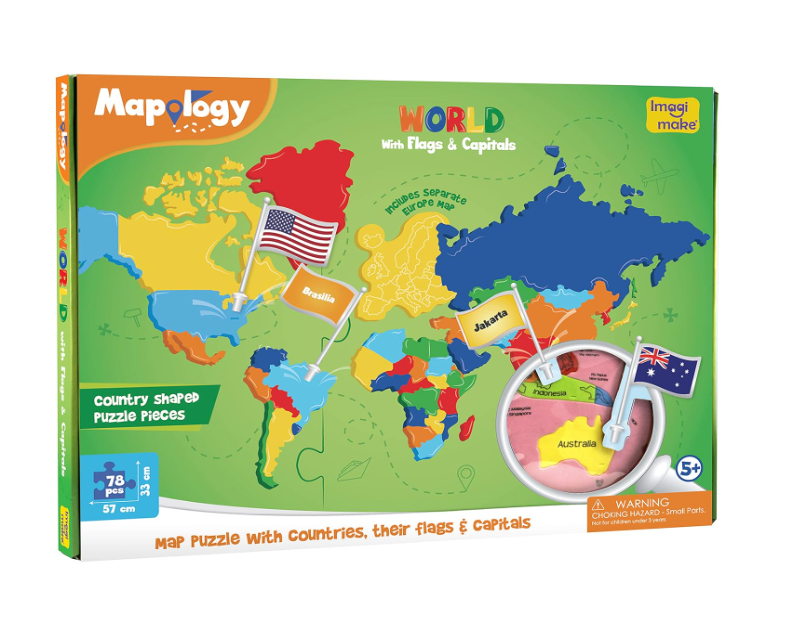 Imagimake Mapology World Flags & Capitals Jigsaw Puzzle |75 Multi-Colored Country-Shaped Pieces | Birthday Gift for Boys and Girls| Educational Toys for Kids 5 Years | World Map Puzzle