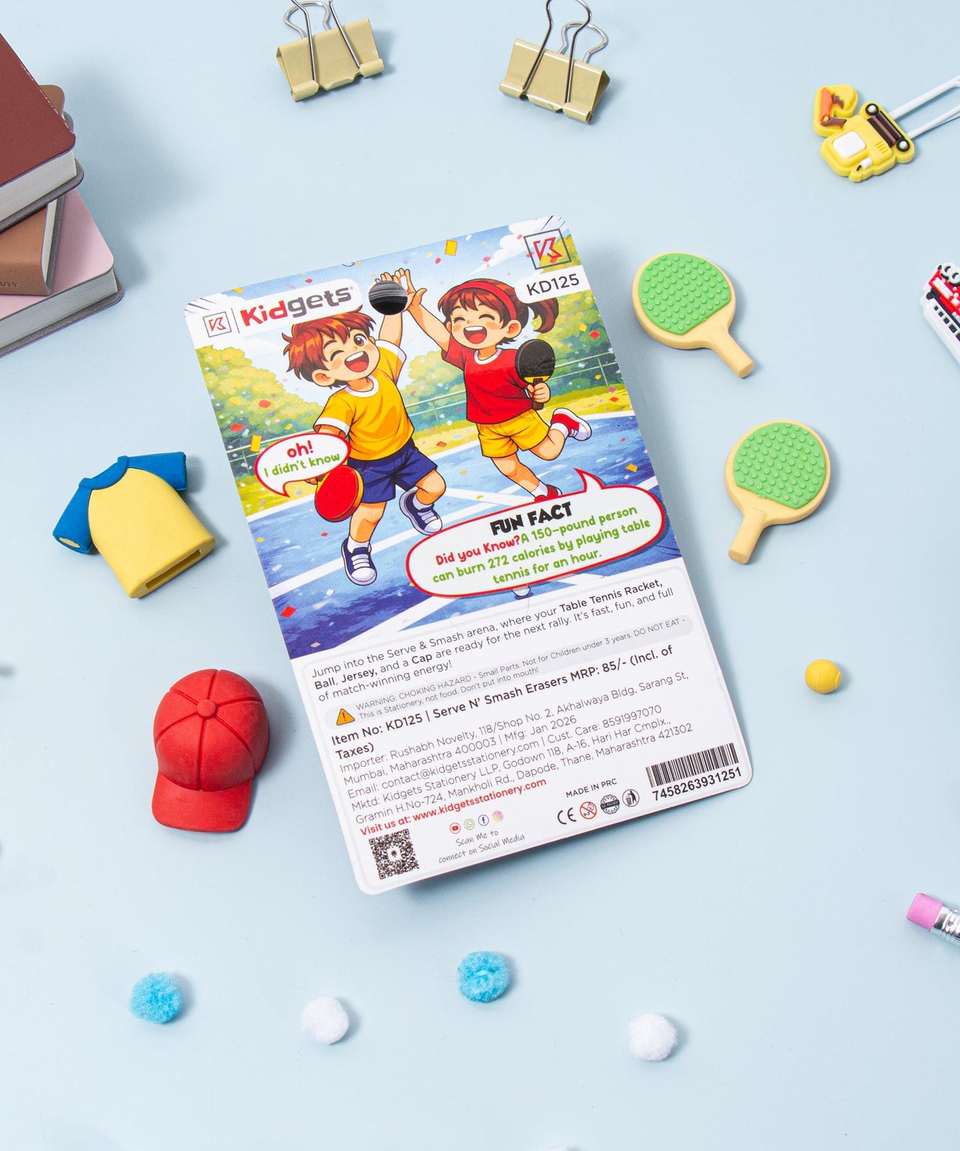 Kidgets KD125 Serve N' Smash 3D Eraser Set | 5-Piece Table Tennis Stationery Kit | Fun Collectible Sports Puzzle Erasers for Kids