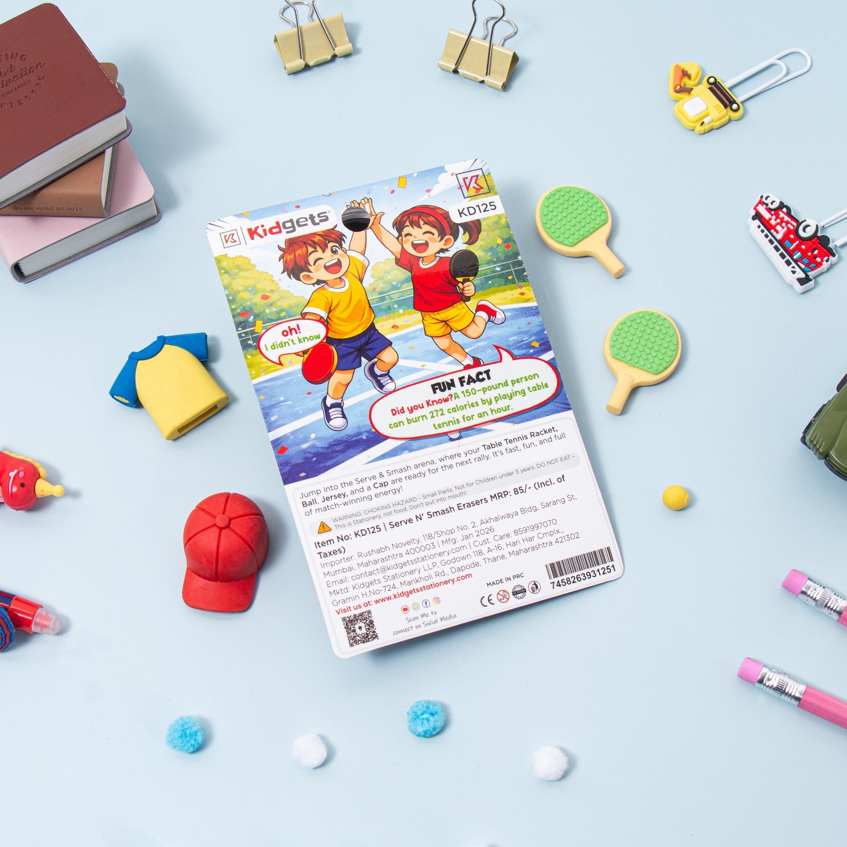 Kidgets KD125 Serve N' Smash 3D Eraser Set | 5-Piece Table Tennis Stationery Kit | Fun Collectible Sports Puzzle Erasers for Kids