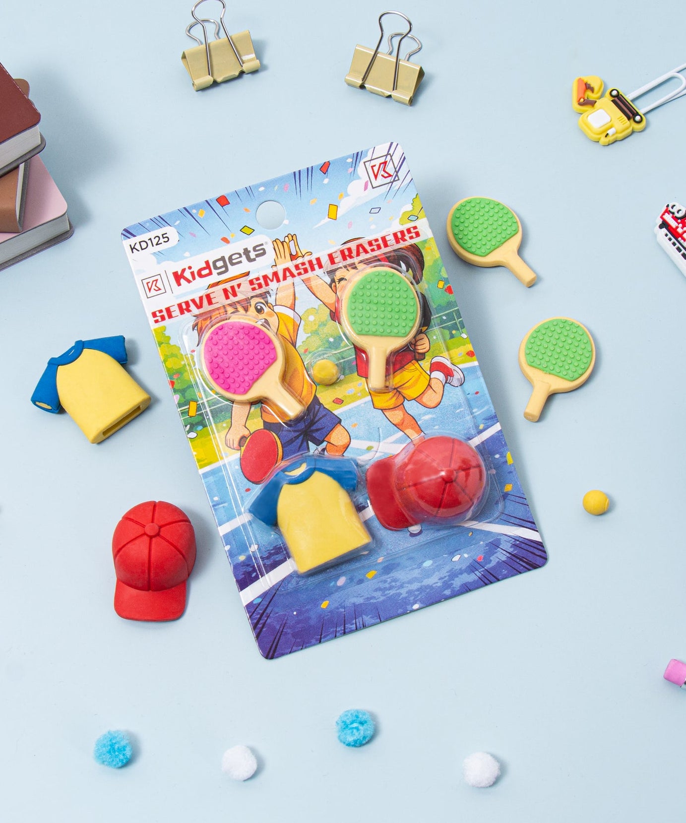Kidgets KD125 Serve N' Smash 3D Eraser Set | 5-Piece Table Tennis Stationery Kit | Fun Collectible Sports Puzzle Erasers for Kids