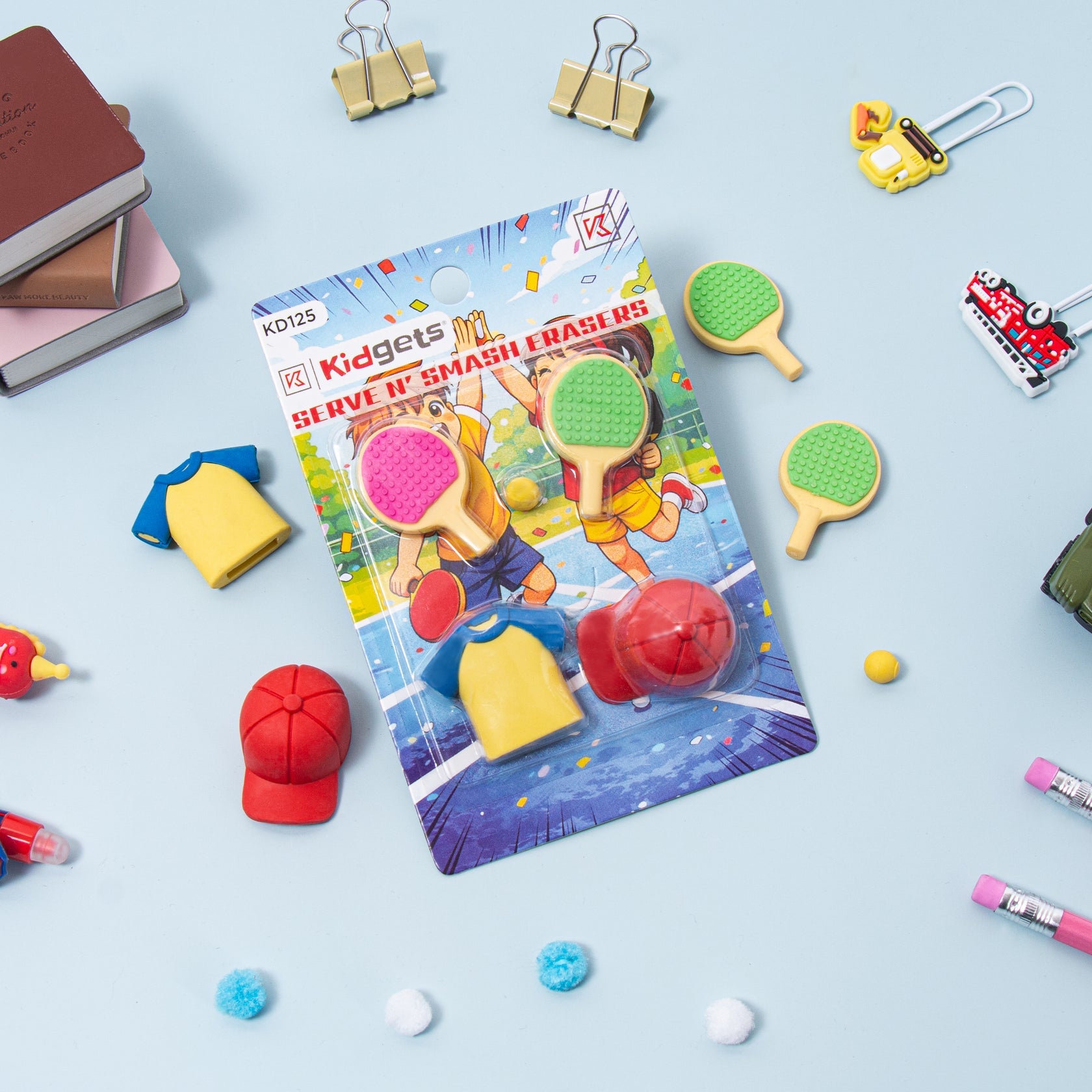 Kidgets KD125 Serve N' Smash 3D Eraser Set | 5-Piece Table Tennis Stationery Kit | Fun Collectible Sports Puzzle Erasers for Kids