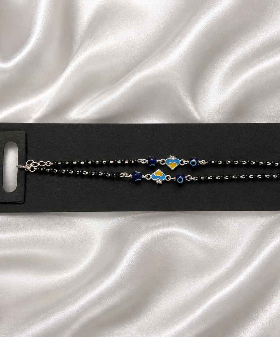 Blue Heart & Evil Eye Enamel Nazariya - 925 Sterling Silver Protective Bracelet for Kids