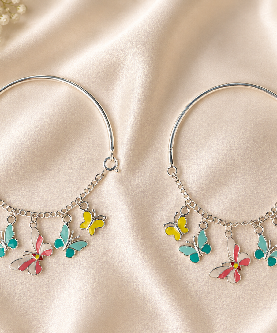 Fluttering Butterflies Enamel Charm Kada - 925 Sterling Silver Adjustable Bangle for Kids