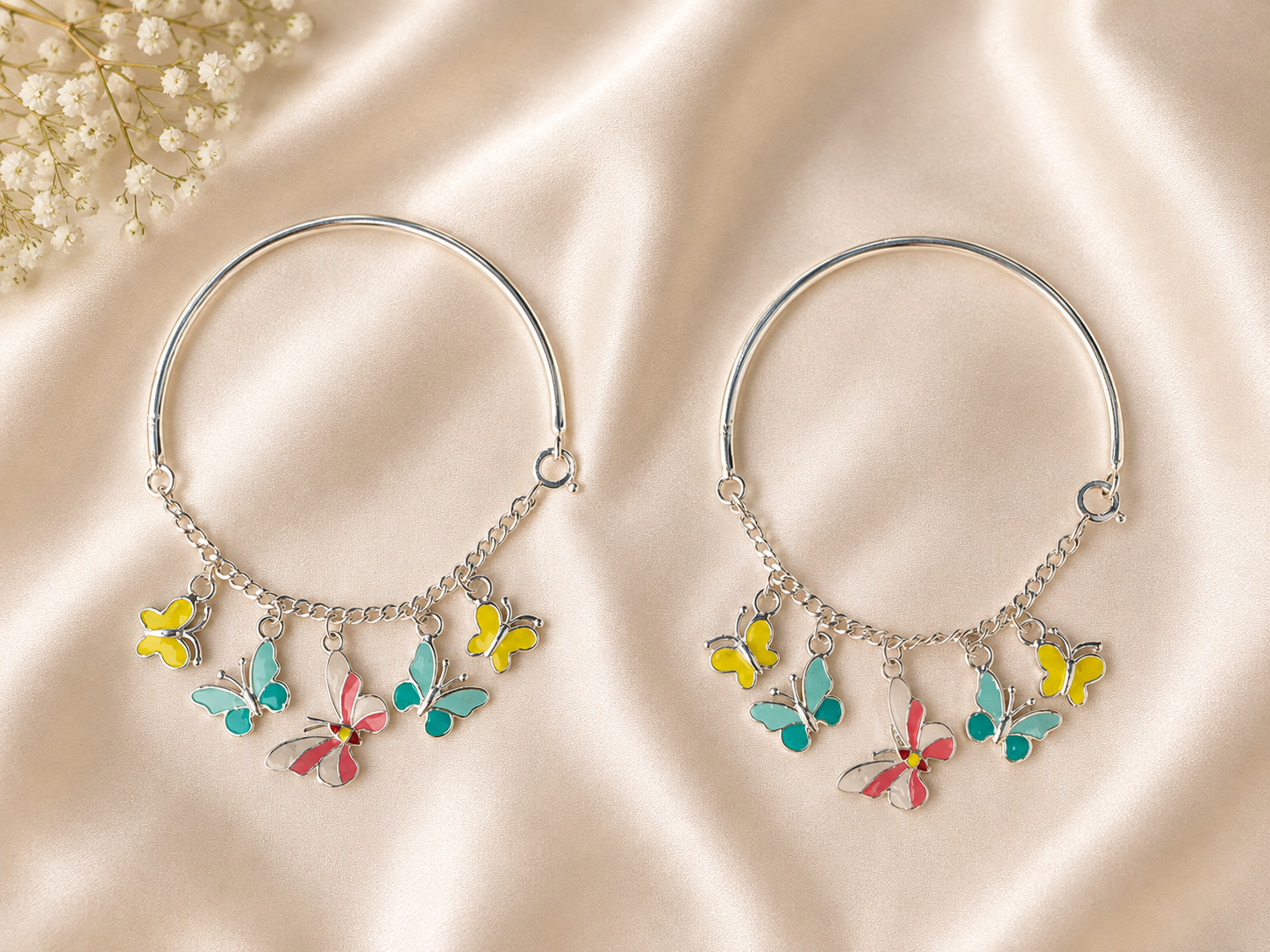 Fluttering Butterflies Enamel Charm Kada - 925 Sterling Silver Adjustable Bangle for Kids