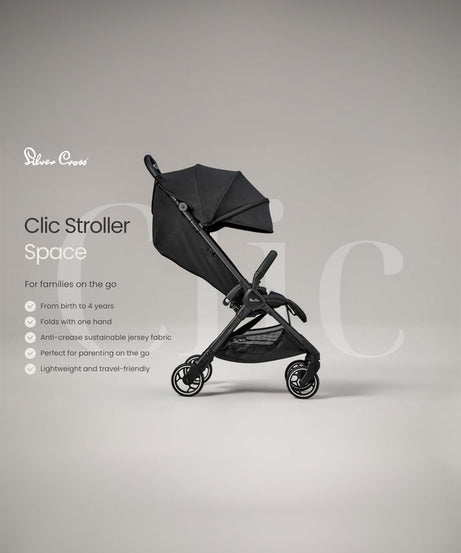 Silver Cross Clic Lightweight Baby Stroller, Cabin Approved | One Hand Fold Car Seat Compatible | Upto 22Kg