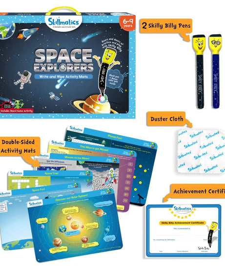 Skillmatics Space Explorers: Engaging Write & Wipe Activity Mats for Kids Ages 6-9 | Discover the Wonders of Space with 20 Repeatable Activities, Board Game Fun, and Essential Learning Skills - MINIMEE KIDS