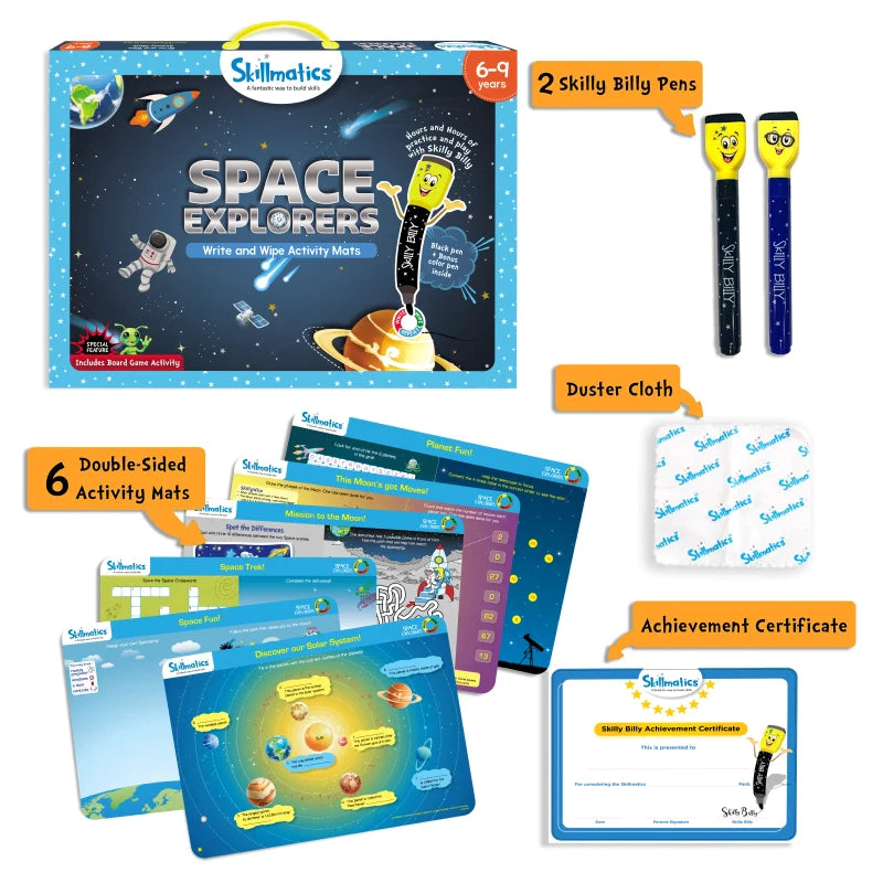 Skillmatics Space Explorers: Engaging Write & Wipe Activity Mats for Kids Ages 6-9 | Discover the Wonders of Space with 20 Repeatable Activities, Board Game Fun, and Essential Learning Skills