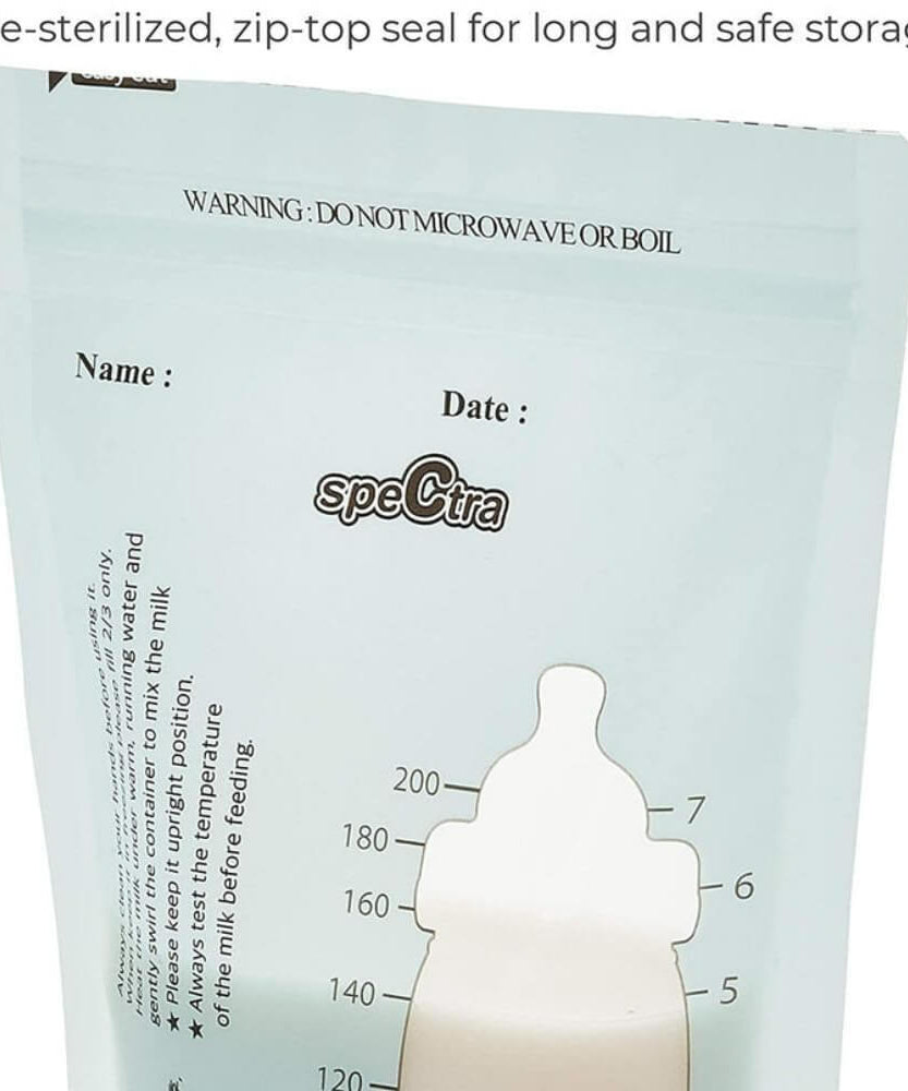 Spectra Disposable Breast Milk Storage Bags – Pre-Sterilized, BPA-Free, Double-Lined, Self-Standing with Temperature Control Guide | 200ml, 30 Pcs - MINIMEE KIDS