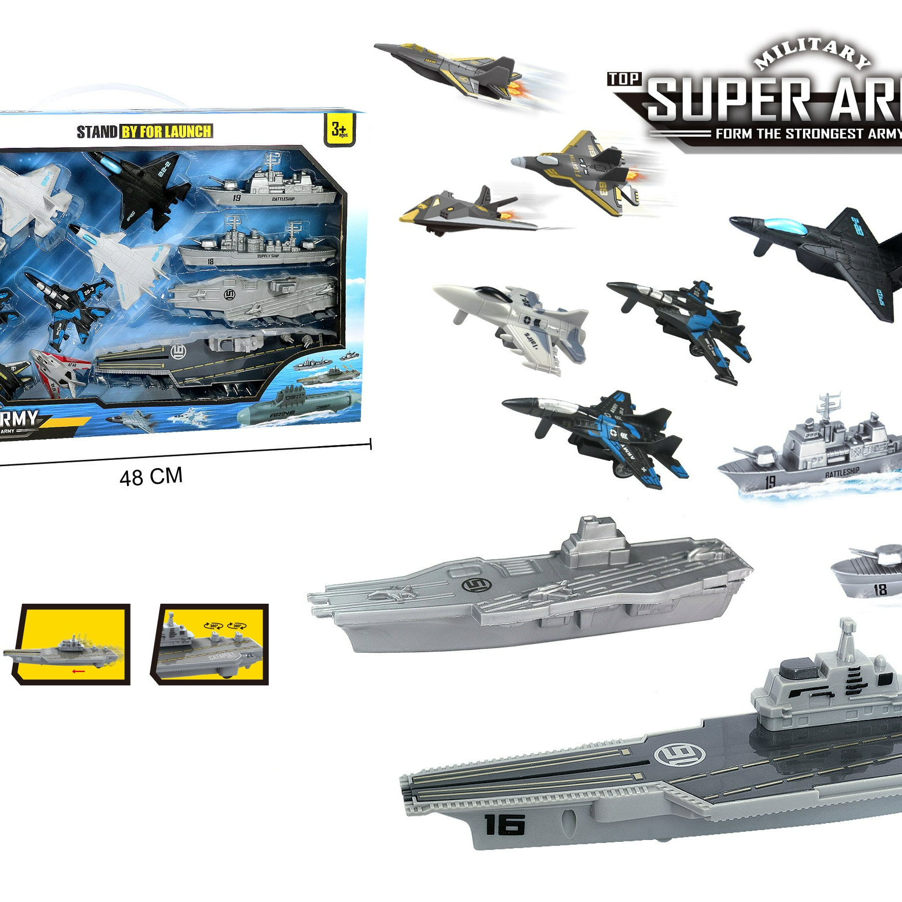 Aircraft Carrier Toy Set for Kids 3+ Years – Includes Submarine, Battleship, Supply Ship, Aircraft Ship, 6 Fighter Planes, 28-Piece Military Army Playset with Bullets & Moving Wheels for Battle Simulation