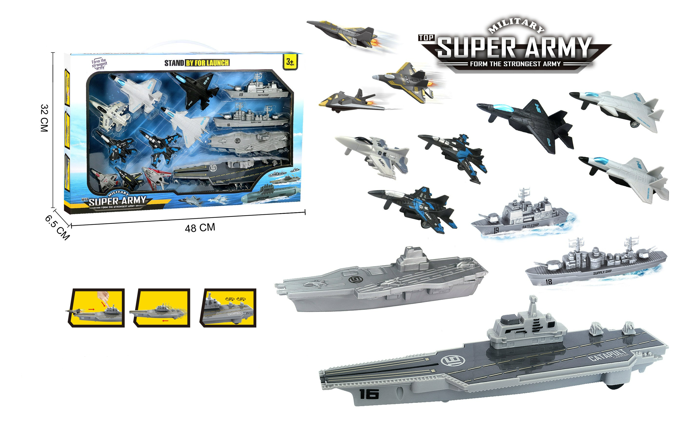 Aircraft Carrier Toys Set for 3+ Yrs Kids | Sub Marine, Battleship, Supplyship, Aircraft Ship, 6xFighter Planes, 6 Black & 2*6 Grey Bullets - 28 Pieces Military Super Army Set