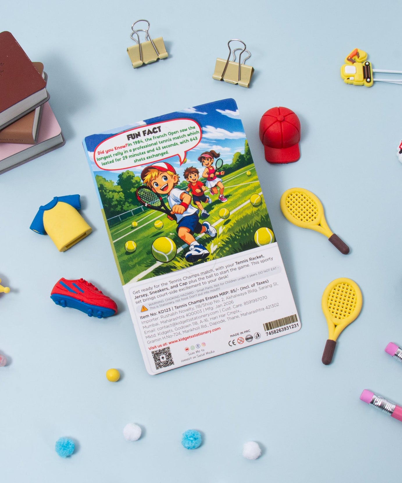 Kidgets KD123 Tennis Champs 3D Eraser Set for Kids | 5-Piece Sports Themed Stationery Kit with Rackets & Gear | Fun Collectible Puzzle Erasers