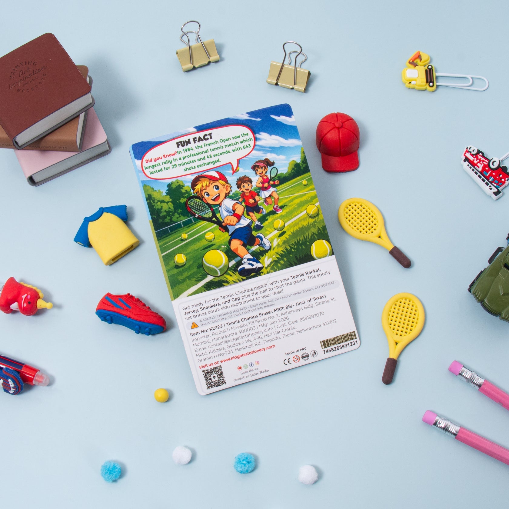 Kidgets KD123 Tennis Champs 3D Eraser Set for Kids | 5-Piece Sports Themed Stationery Kit with Rackets & Gear | Fun Collectible Puzzle Erasers