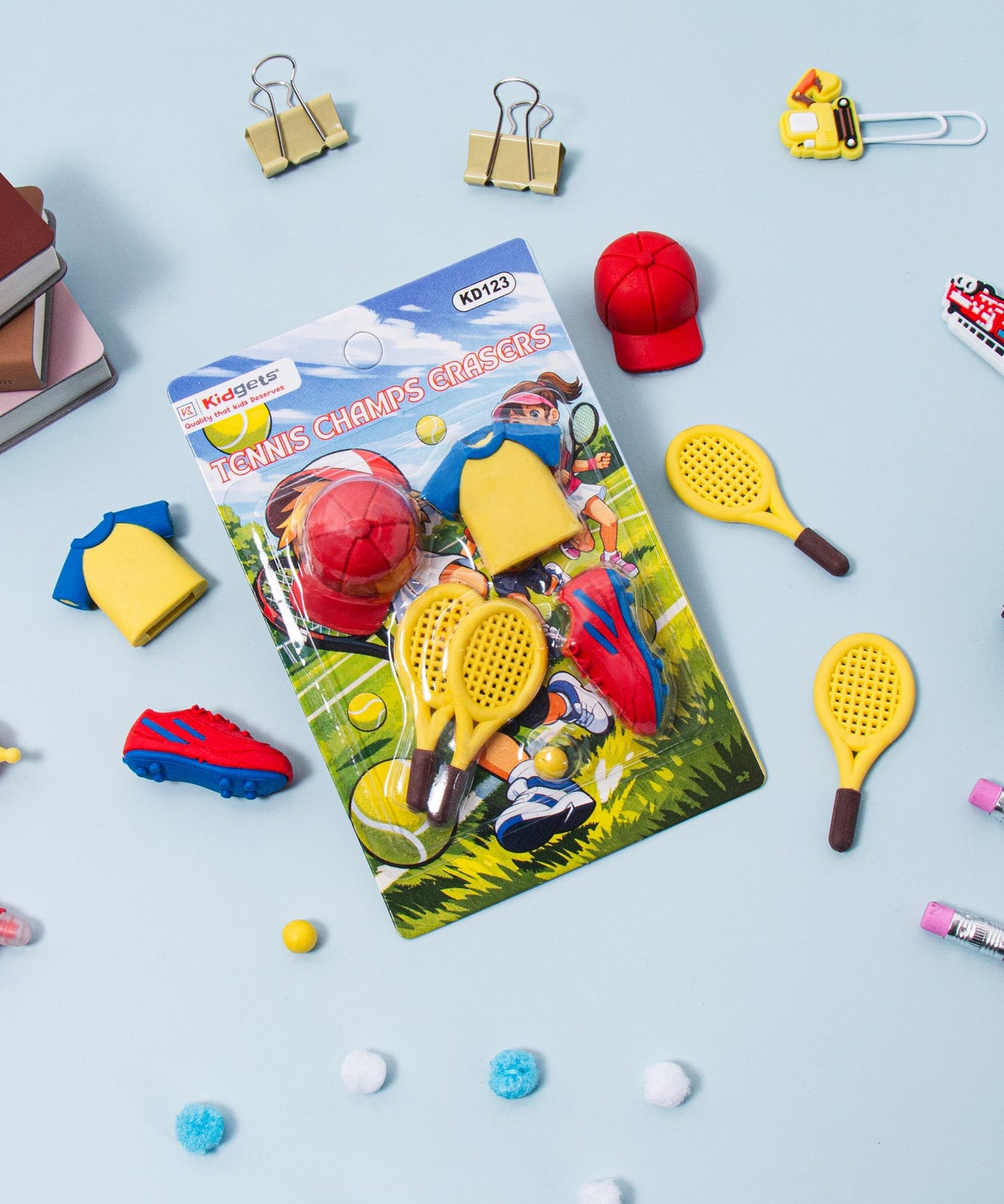 Kidgets KD123 Tennis Champs 3D Eraser Set for Kids | 5-Piece Sports Themed Stationery Kit with Rackets & Gear | Fun Collectible Puzzle Erasers