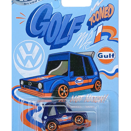 Hot Wheels Tooned Volkswagen Golf MK1 toy car in packaging with Gulf logo