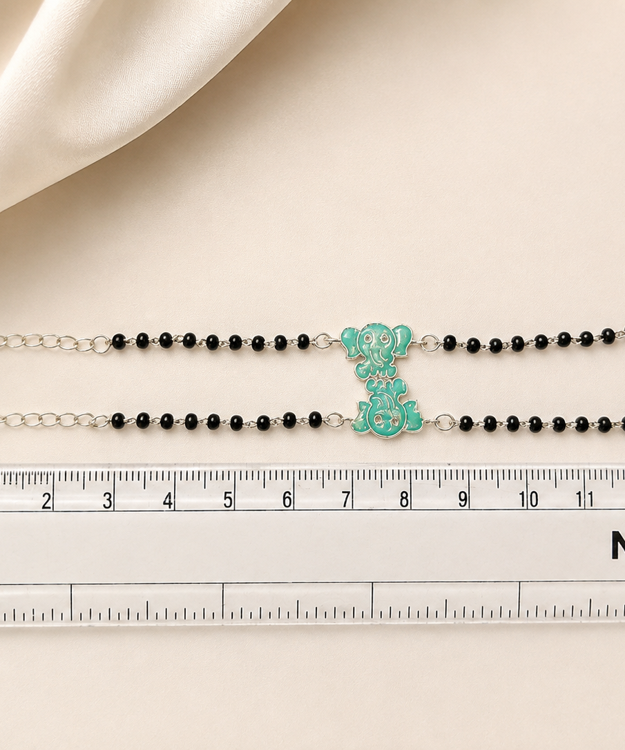 Teal Elephant Enamel Baby Nazariya in Hallmarked Silver | Set of 2 | Protective Black Bead Bracelets for Infants & Toddlers
