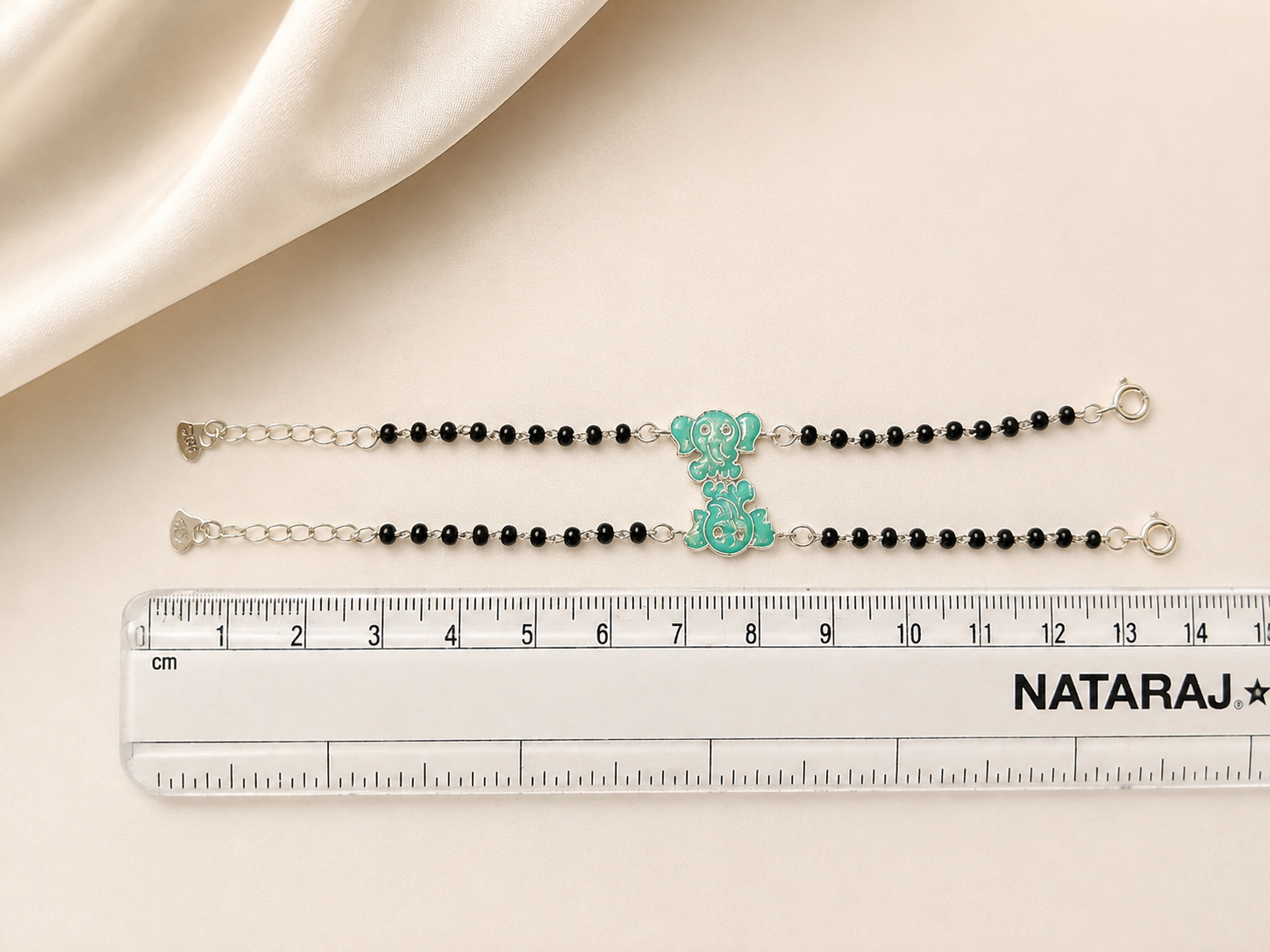 Teal Elephant Enamel Baby Nazariya in Hallmarked Silver | Set of 2 | Protective Black Bead Bracelets for Infants & Toddlers