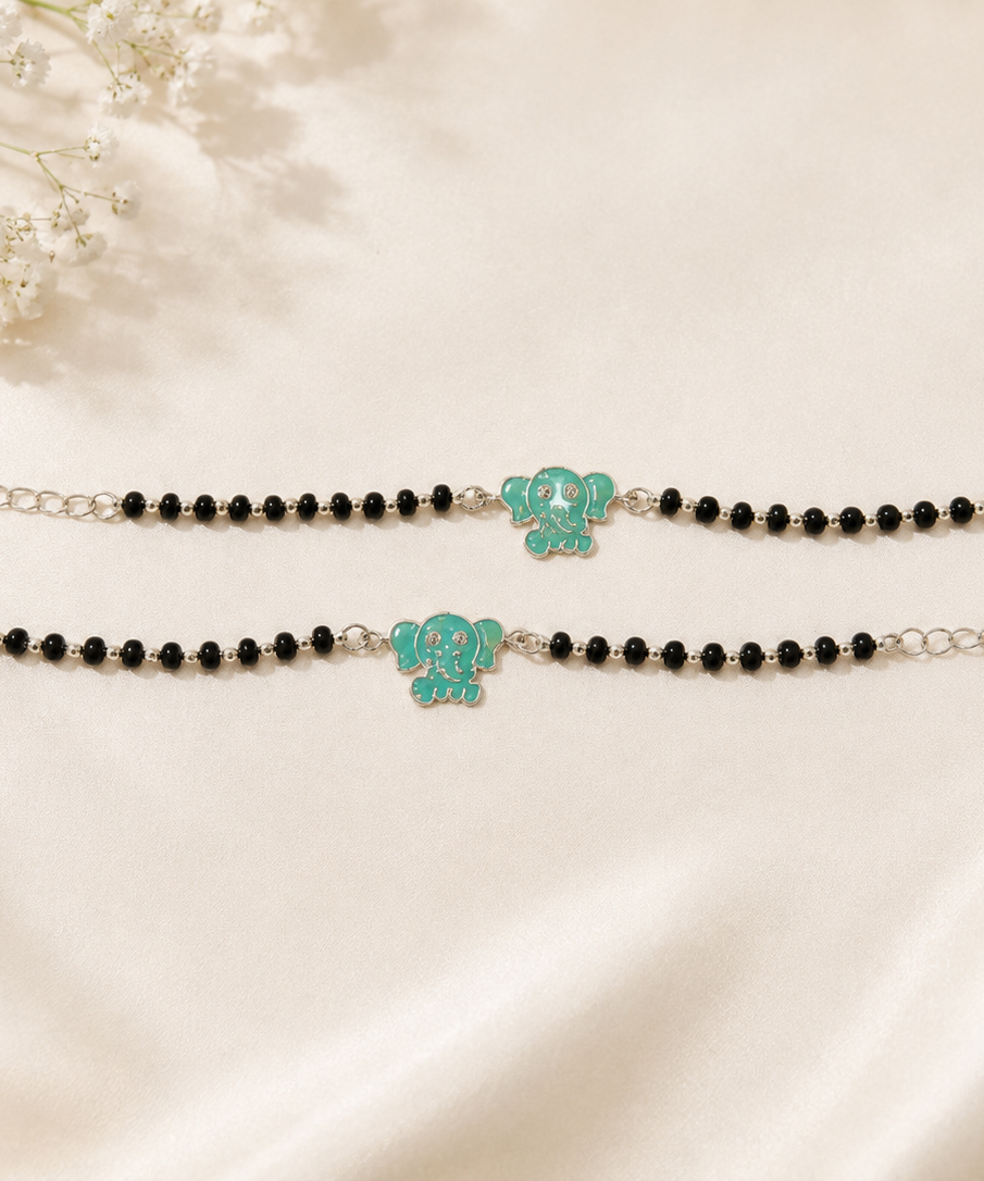 Teal Elephant Enamel Baby Nazariya in Hallmarked Silver | Set of 2 | Protective Black Bead Bracelets for Infants & Toddlers