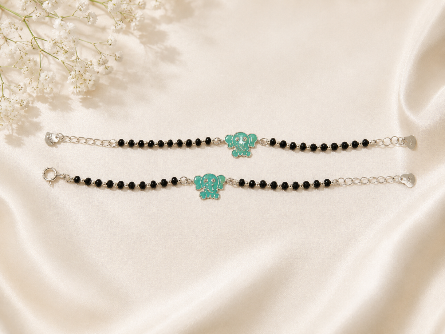 Teal Elephant Enamel Baby Nazariya in Hallmarked Silver | Set of 2 | Protective Black Bead Bracelets for Infants & Toddlers