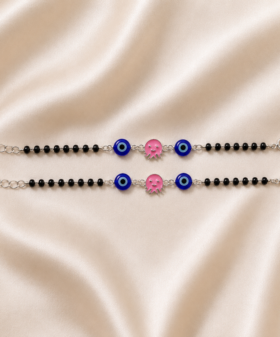 Pink Octopus & Blue Evil Eye Silver Baby Nazariya | 925 Hallmarked Silver Protective Bracelets | Adjustable Kids Jewelry | Set of 2