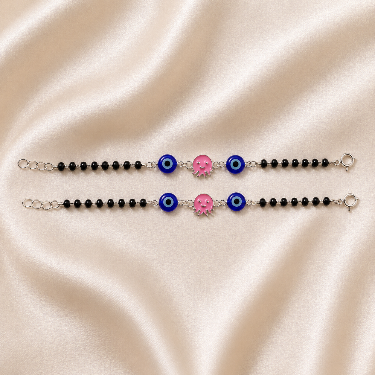 Pink Octopus & Blue Evil Eye Silver Baby Nazariya | 925 Hallmarked Silver Protective Bracelets | Adjustable Kids Jewelry | Set of 2