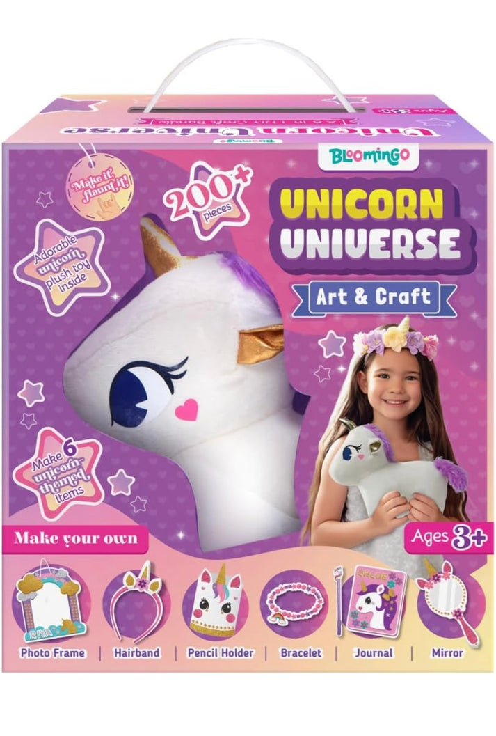 Bloomingo Unicorn Universe 6-in-1 DIY Craft Kit with Unicorn Plush Toy | Perfect for Ages 3+ | 200+ Piece Bundle Set