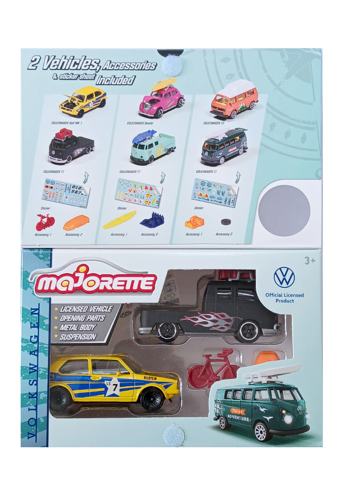 Majorette Volkswagen The Originals 2-Vehicle Gift Pack (3 Assorted Sets) | Officially Licensed Die-Cast Cars with Accessories & Sticker Sheet, for Kids & Collectors Aged 3+