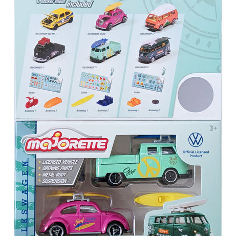 Majorette Volkswagen The Originals 2-Vehicle Gift Pack (3 Assorted Sets) | Officially Licensed Die-Cast Cars with Accessories & Sticker Sheet, for Kids & Collectors Aged 3+