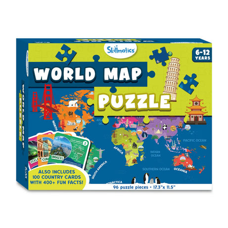 Skillmatics World Map Puzzle - 96 Piece Puzzle for Kids Ages 6-12 | Learn Geography & Fun Facts - MINIMEE KIDS