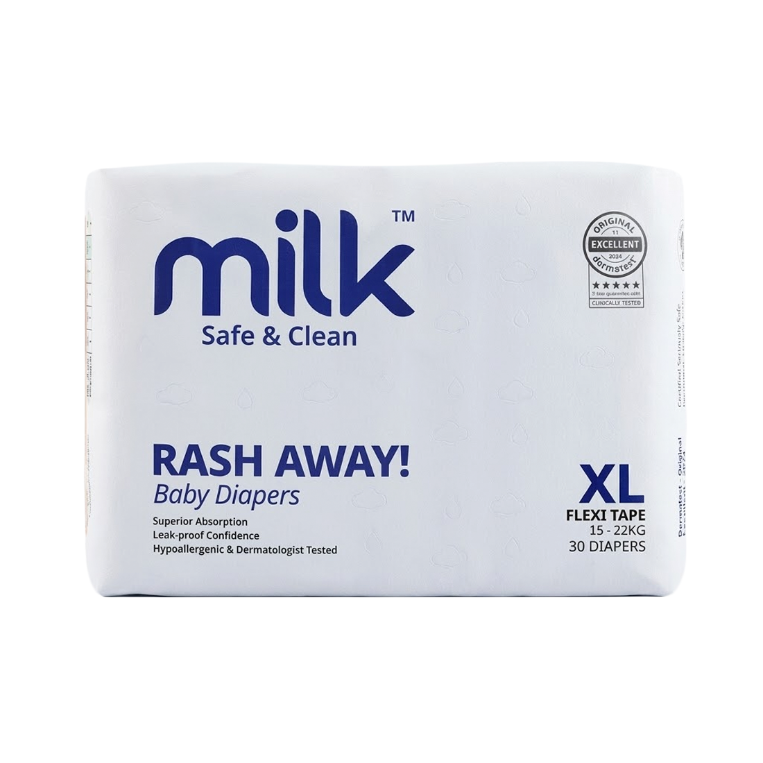 Milk Rash Away Baby Diapers | Extra Large (XL) Size Flexi Tape | 30 Count | 15-22kg | Superior Absorption, Leak-Proof & Dermatologist Tested