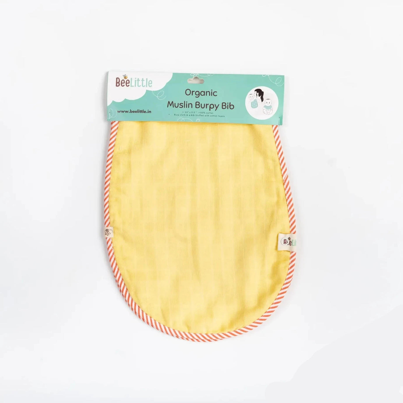 BeeLittle Organic Muslin Burpy Bib - Yellow | Ultra-Soft, Multi-Functional Bib and Burp Cloth | 58 cm x 23 cm