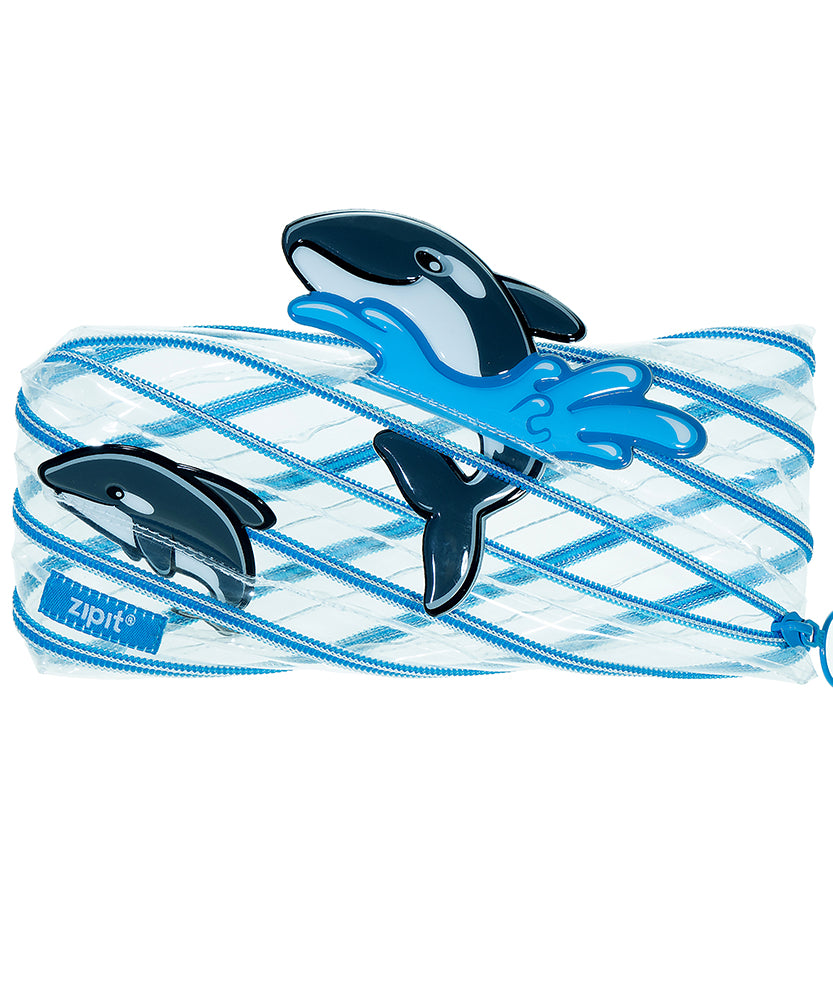 ZIPIT Clear Marine Animal Pencil Case for Kids – Transparent One-Zipper Pen Pouch & Exam Stationery Organizer with Cute 3D Characters, Large Capacity See-Through Storage Bag for School (Orca / Penguin / Dolphin)