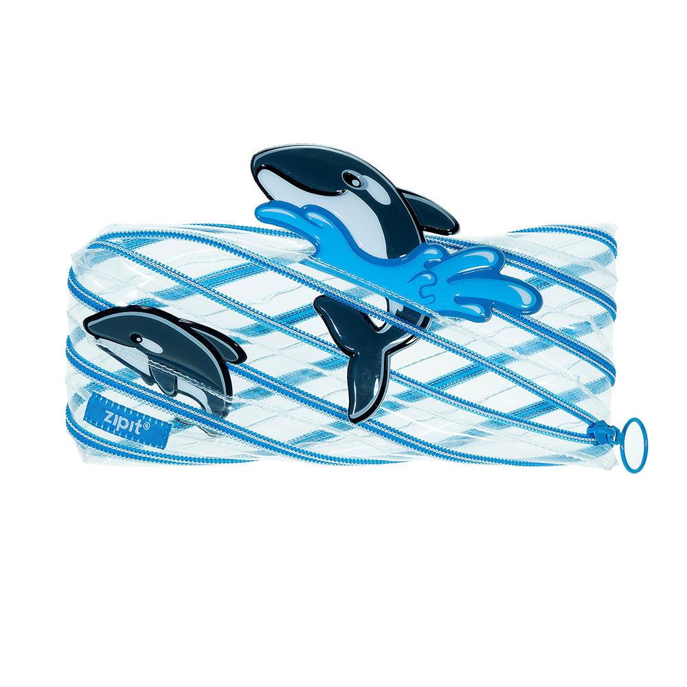 ZIPIT Clear Marine Animal Pencil Case for Kids – Transparent One-Zipper Pen Pouch & Exam Stationery Organizer with Cute 3D Characters, Large Capacity See-Through Storage Bag for School (Orca / Penguin / Dolphin)
