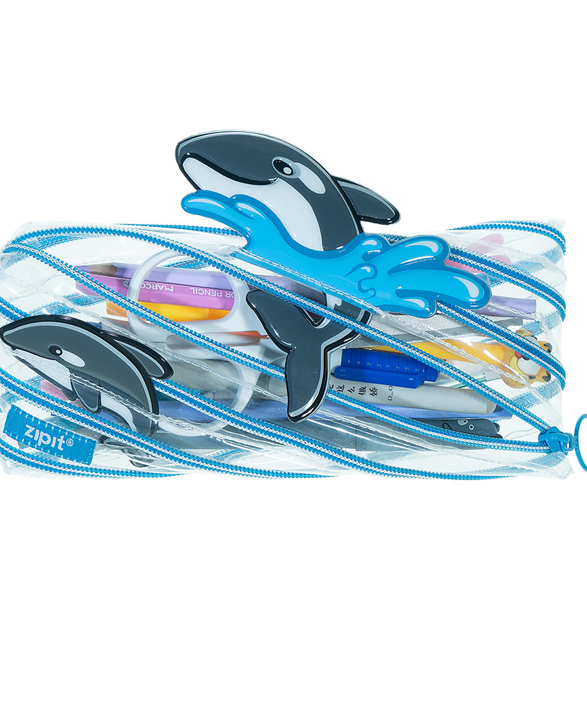 ZIPIT Clear Marine Animal Pencil Case for Kids – Transparent One-Zipper Pen Pouch & Exam Stationery Organizer with Cute 3D Characters, Large Capacity See-Through Storage Bag for School (Orca / Penguin / Dolphin)