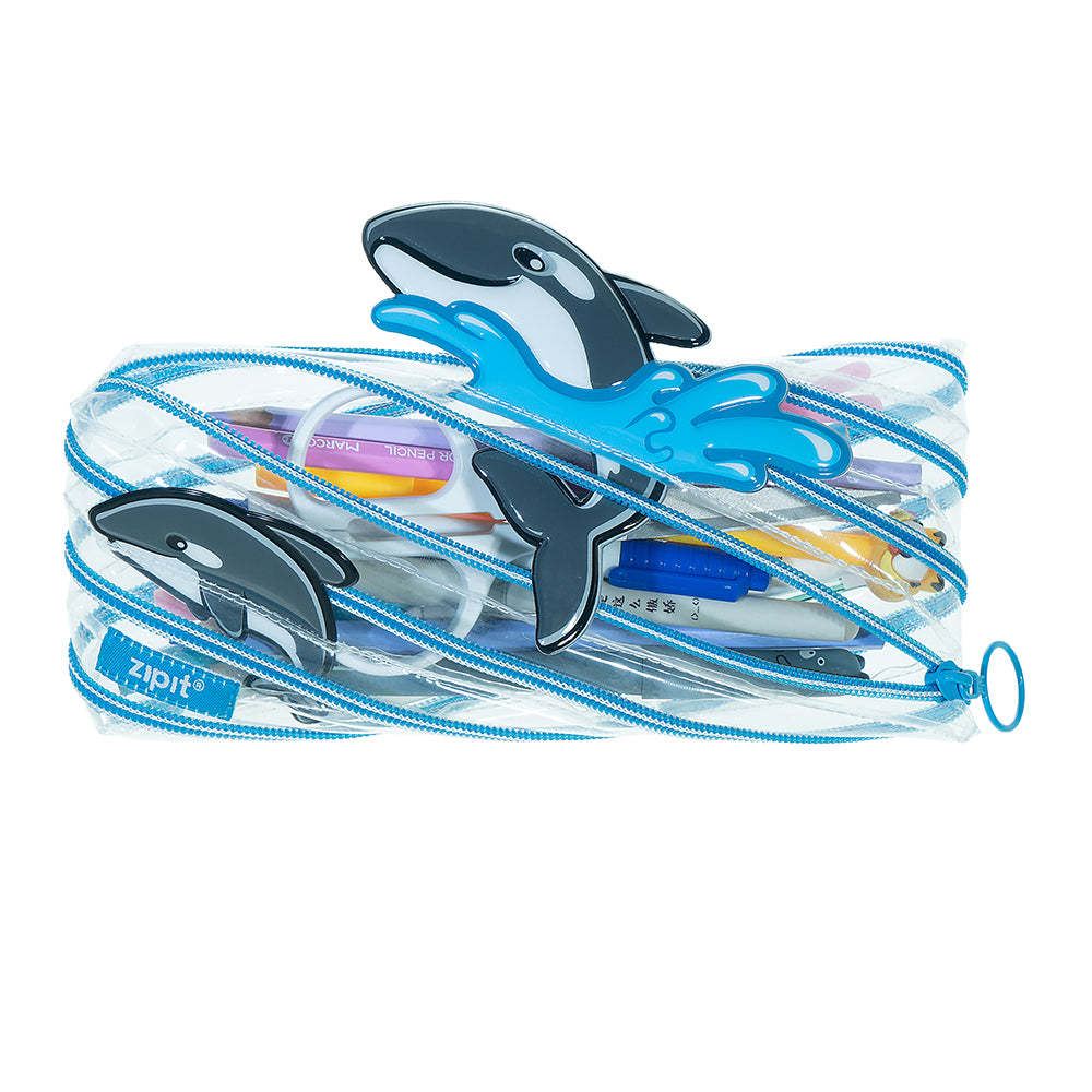ZIPIT Clear Marine Animal Pencil Case for Kids – Transparent One-Zipper Pen Pouch & Exam Stationery Organizer with Cute 3D Characters, Large Capacity See-Through Storage Bag for School (Orca / Penguin / Dolphin)