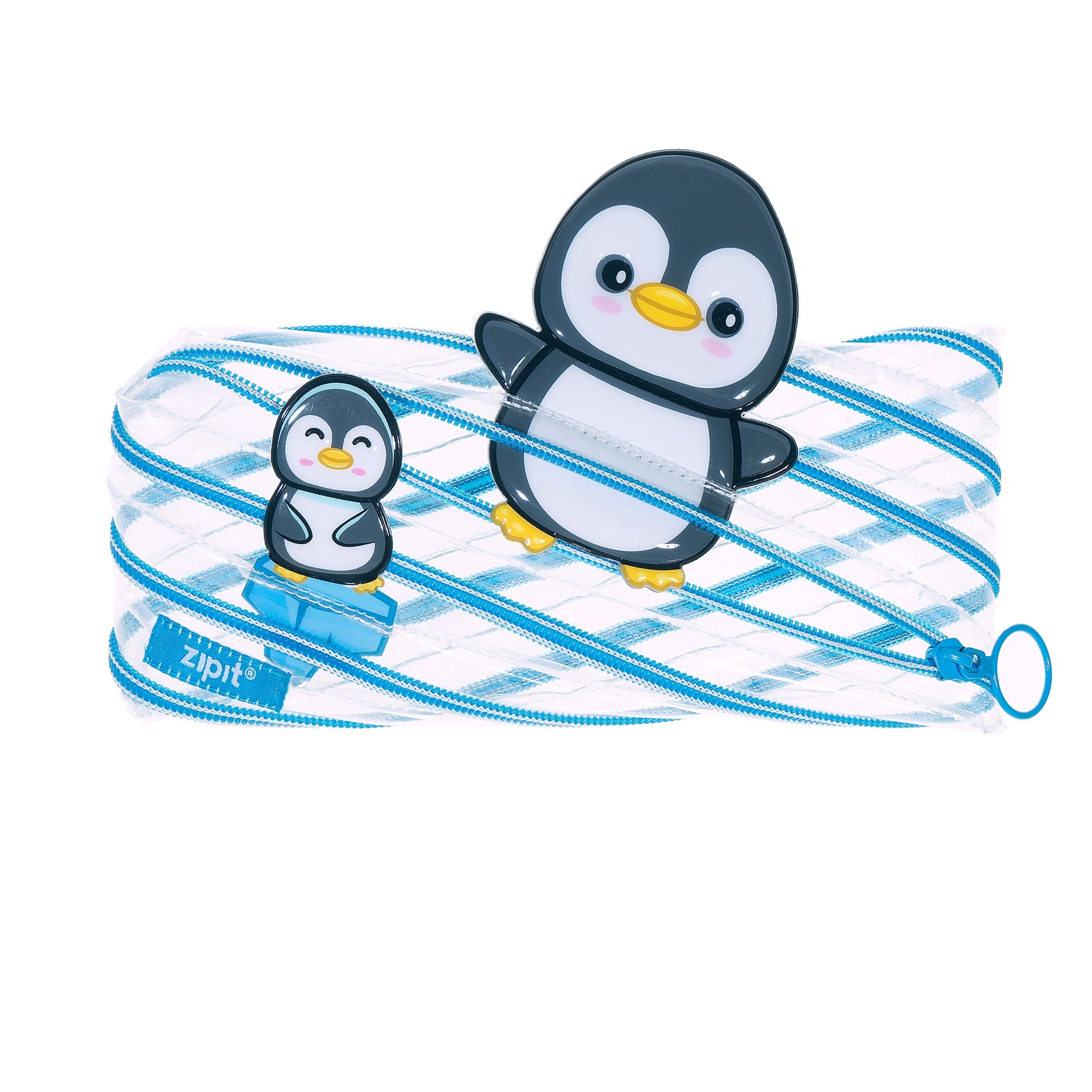 ZIPIT Clear Marine Animal Pencil Case for Kids – Transparent One-Zipper Pen Pouch & Exam Stationery Organizer with Cute 3D Characters, Large Capacity See-Through Storage Bag for School (Orca / Penguin / Dolphin)